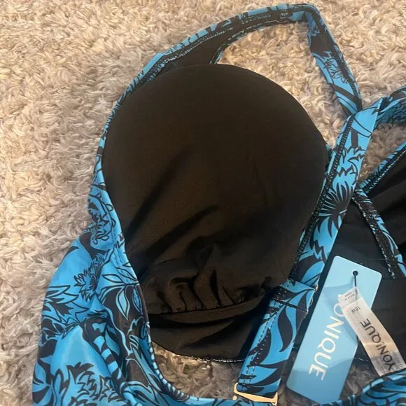 Yonique Plus Size Bikini 18W Blue Floral Halter High Waist Tummy Control NWT - Picture 8 of 15